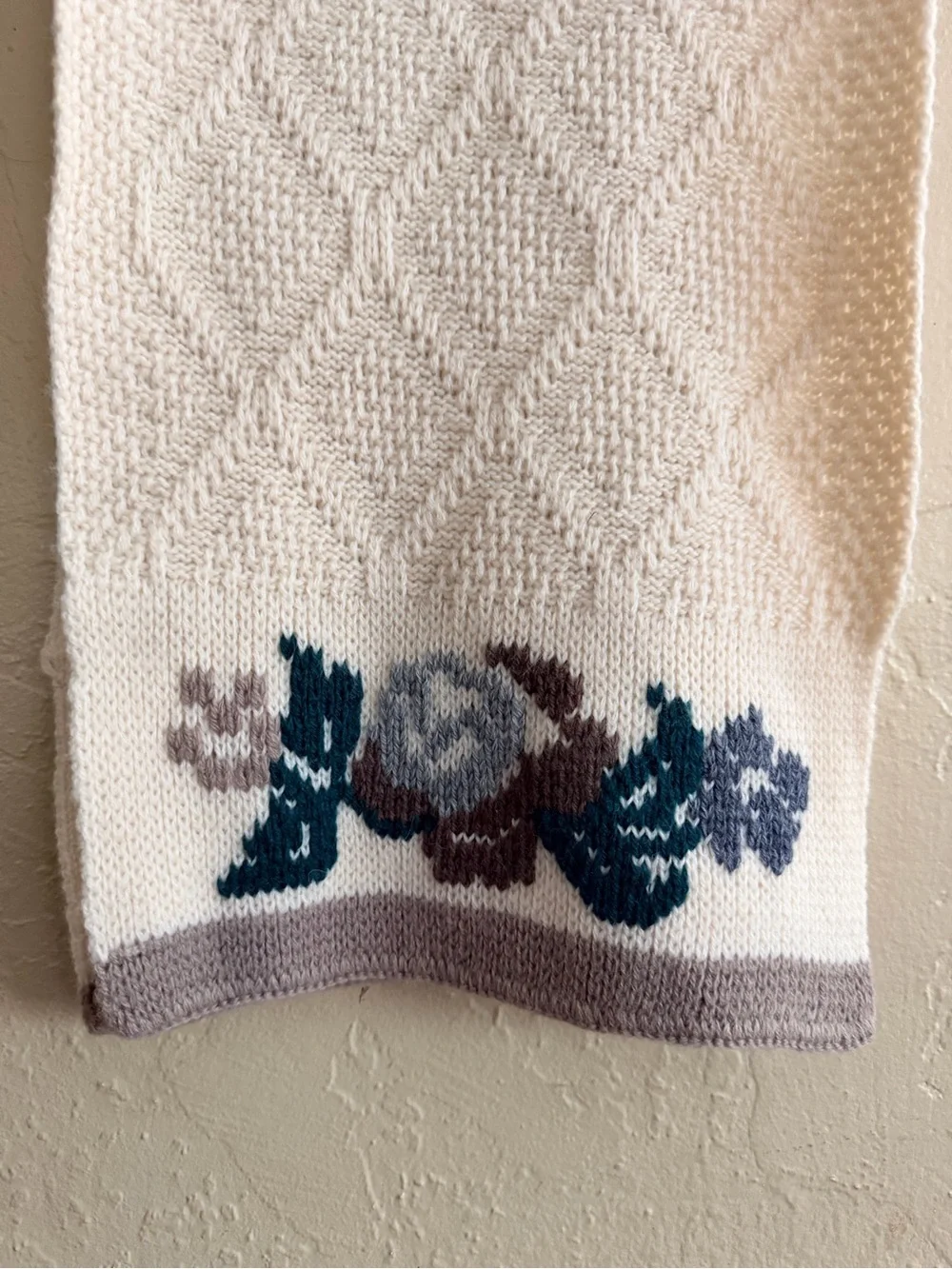 Vintage Cream Knit Scarf with Floral Accent
